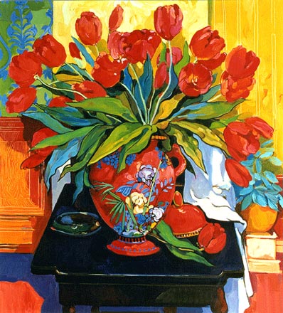 Red Tulips in a Red Vase, by Alush Shima